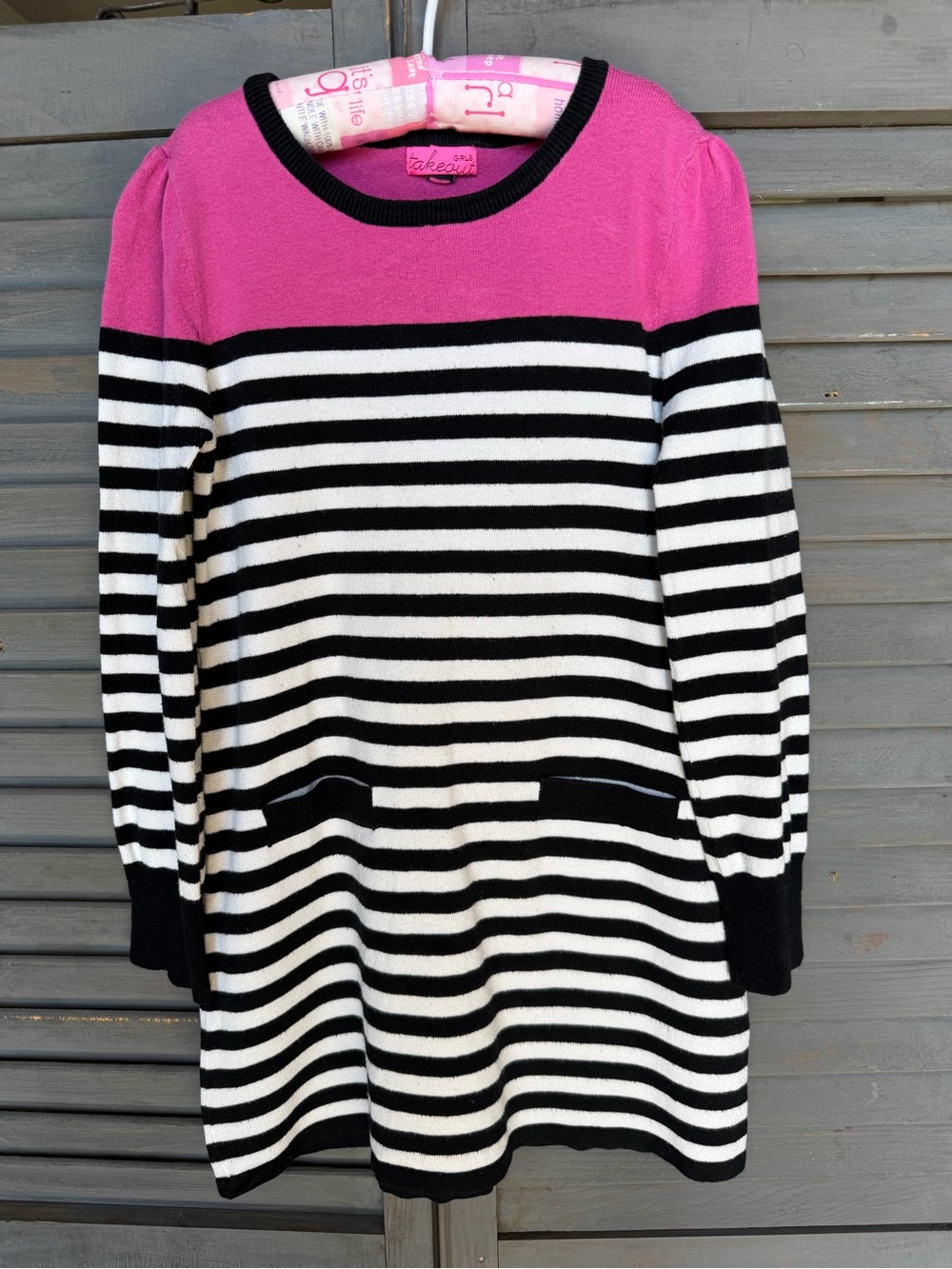 Takeout Pink, Black and White Striped Knit Dress | Girls Size 12/14